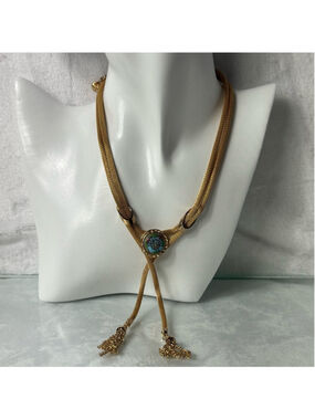 Vintage 1940’s HOBE signed Gold Tone Necklace Turquoise Stone Adjustable 18”